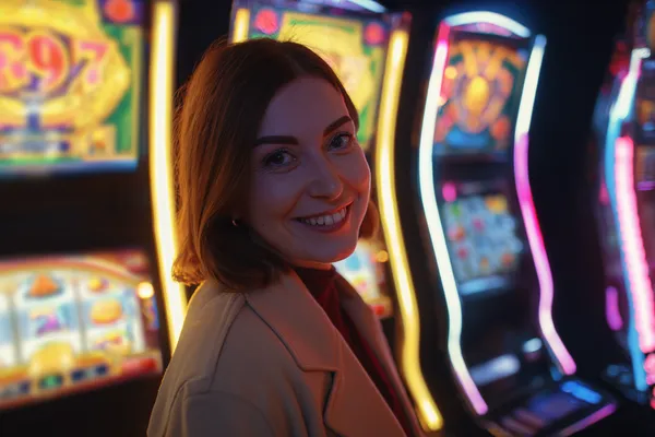 A glamorous woman holding casino chips in a neon-lit environment, representing the premium online casino atmosphere of ZBZBED.