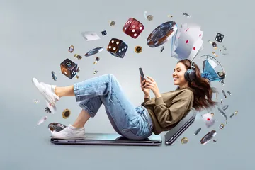 A woman smiling by bright slot machines showing lucky symbols, showcasing the exciting slot offerings at ZBZBED.
